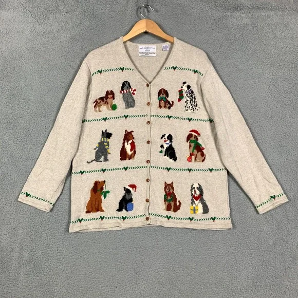 Marisa Christina Cardigan Plus 2X Tan Christmas Collection 2001 Dog Print Linen - Picture 1 of 10